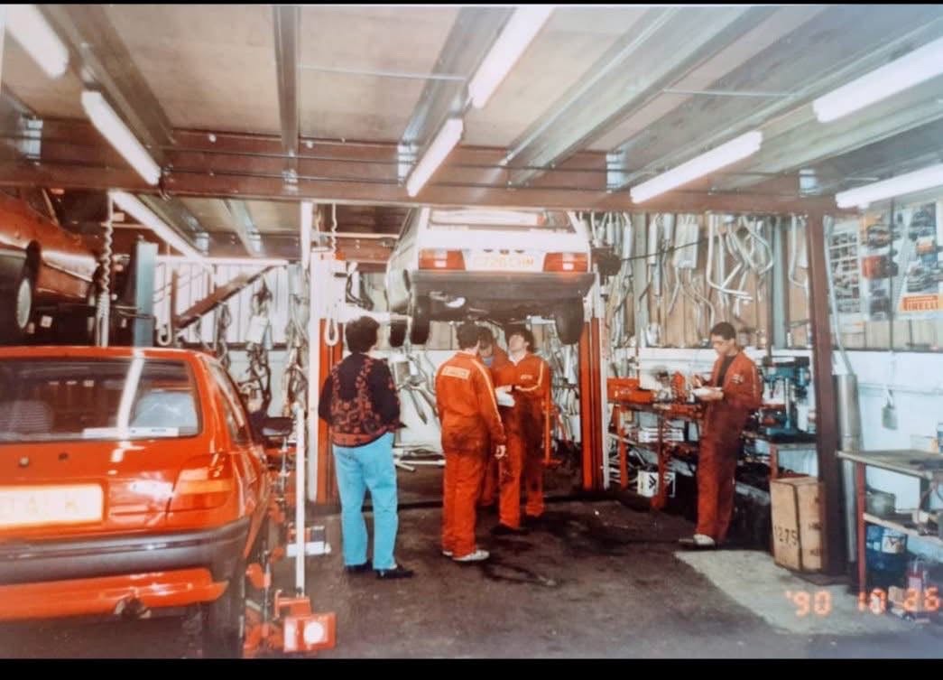 The workshop in 1990 — mechanics at work